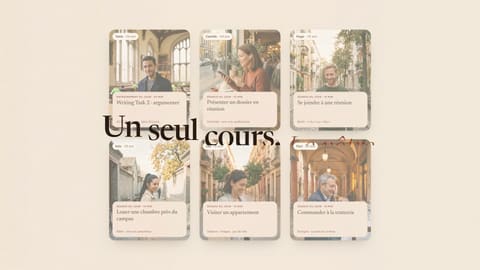 Trois écrans de leçon côte à côte, sur fond de photographies de rue.
