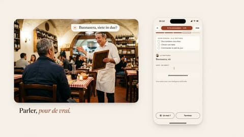 « Parler, pour de vrai » : une conversation au restaurant et l'écran de l'exercice.