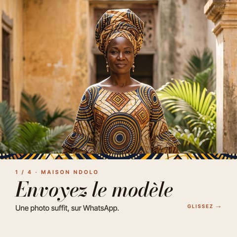 Carte 1 sur 4 : « Envoyez le modèle. Une photo suffit, sur WhatsApp. »