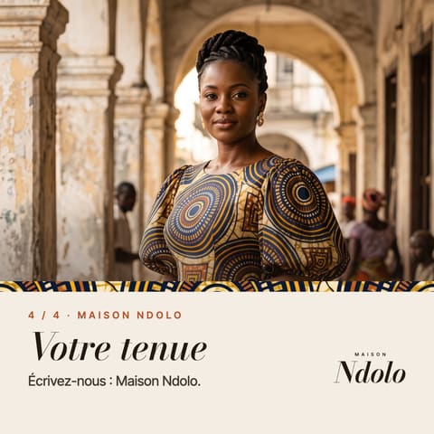Carte 4 sur 4 : « Votre tenue. Écrivez-nous : Maison Ndolo. »